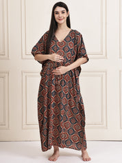 Brown Block Print Cotton Maternity Kaftan