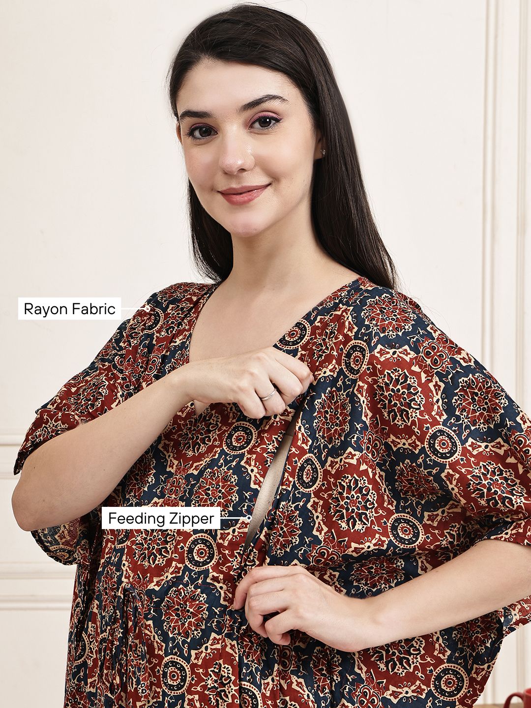 Brown Block Print Cotton Maternity Kaftan
