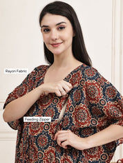 Brown Block Print Cotton Maternity Kaftan