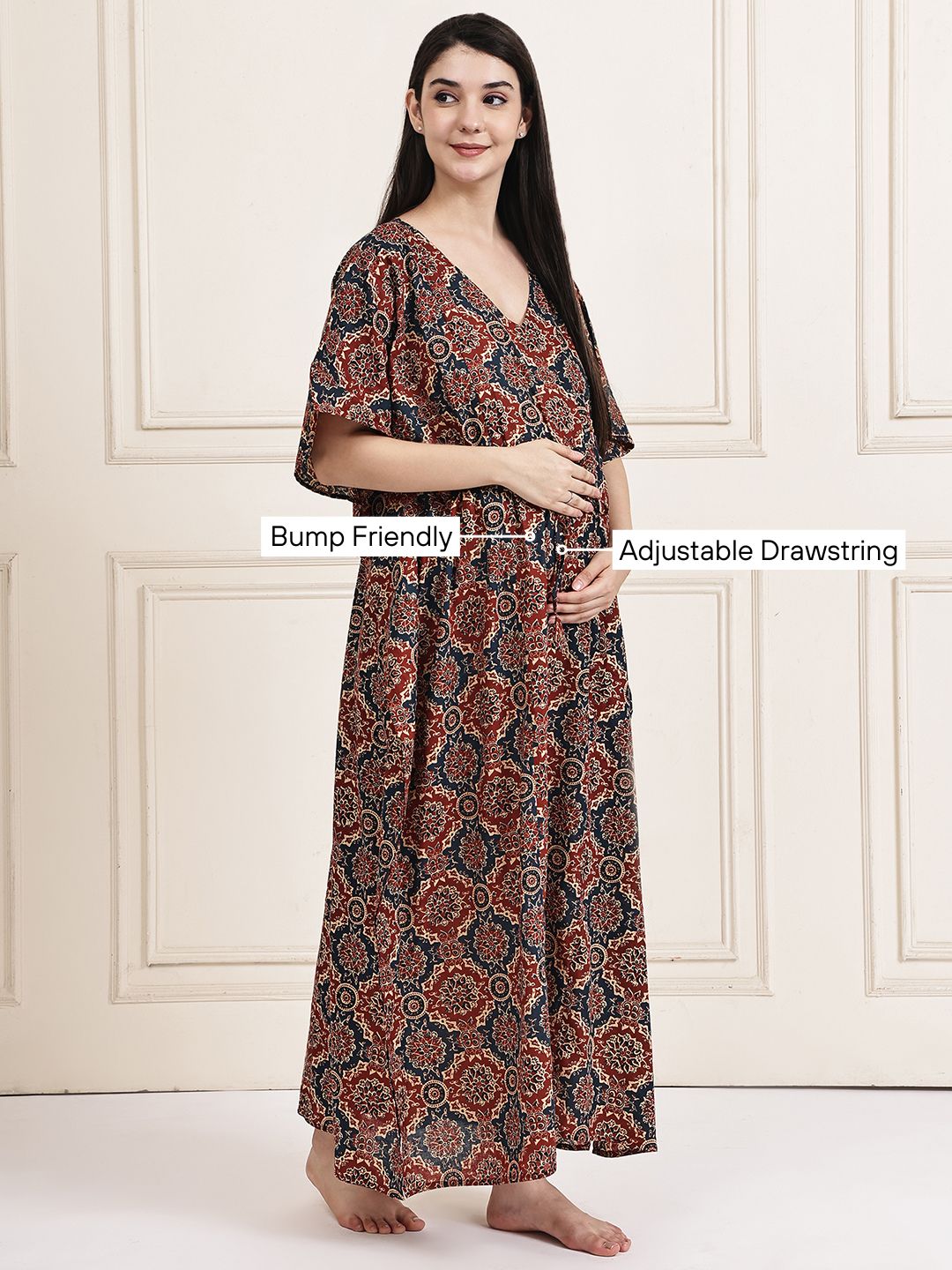 Brown Block Print Cotton Maternity Kaftan