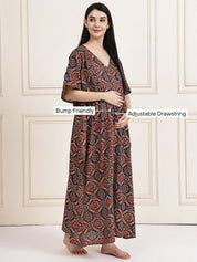 Brown Block Print Cotton Maternity Kaftan
