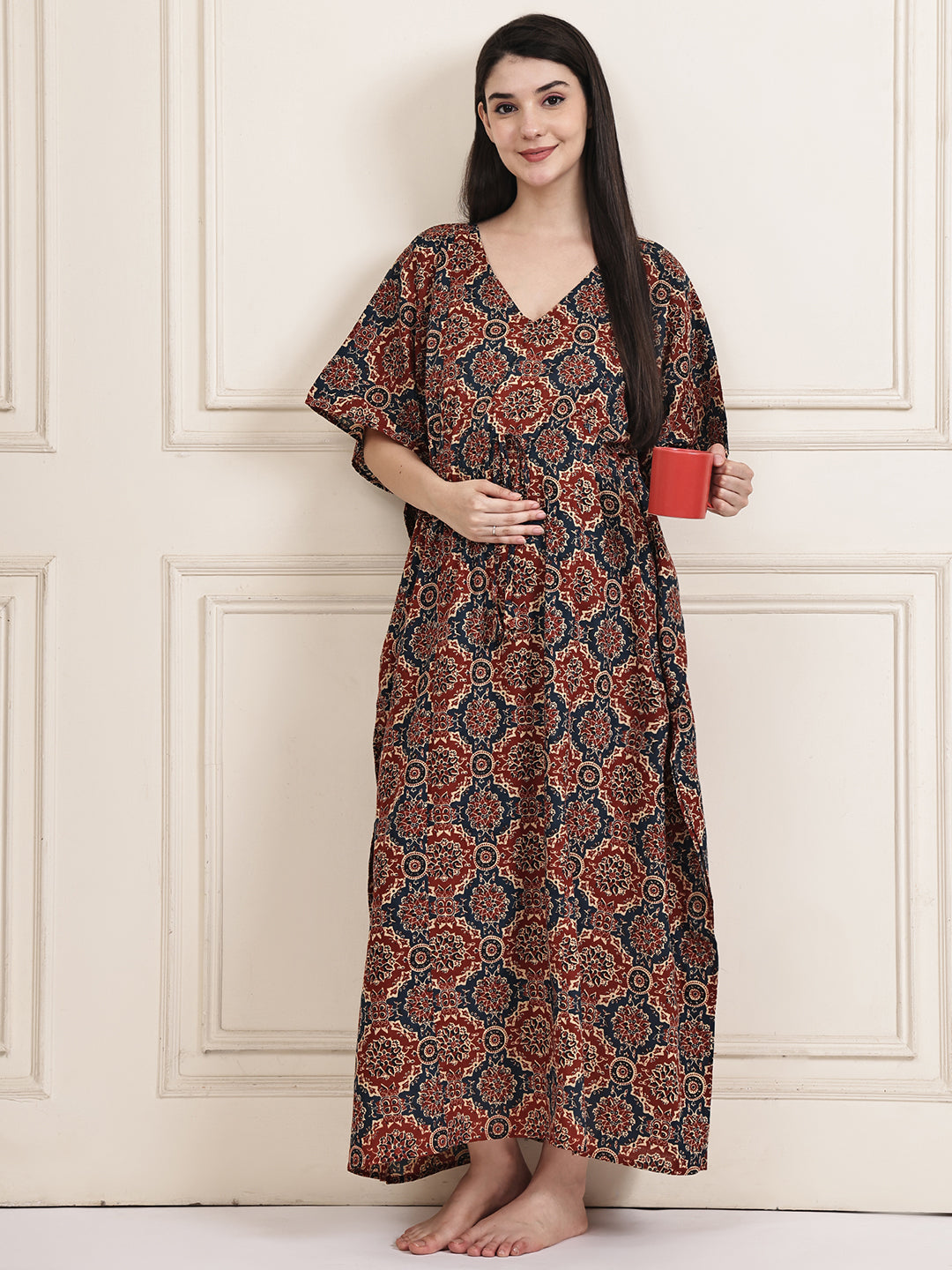 Brown Block Print Cotton Maternity Kaftan