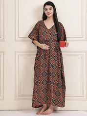 Brown Block Print Cotton Maternity Kaftan