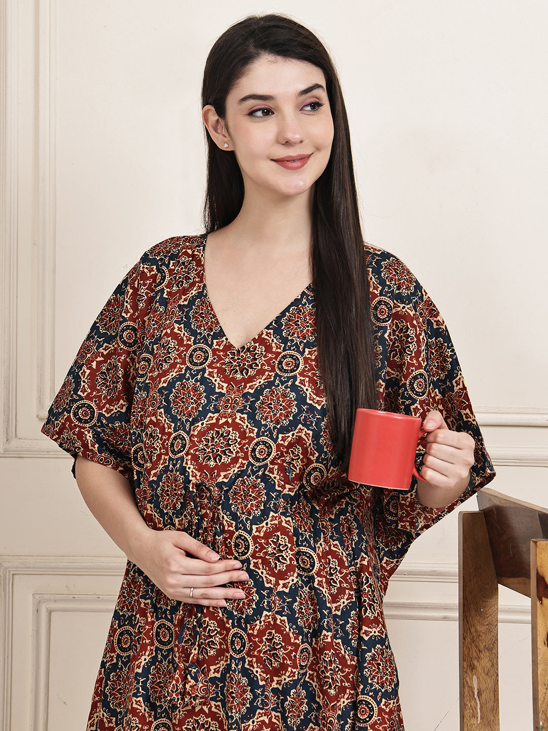 Brown Block Print Cotton Maternity Kaftan