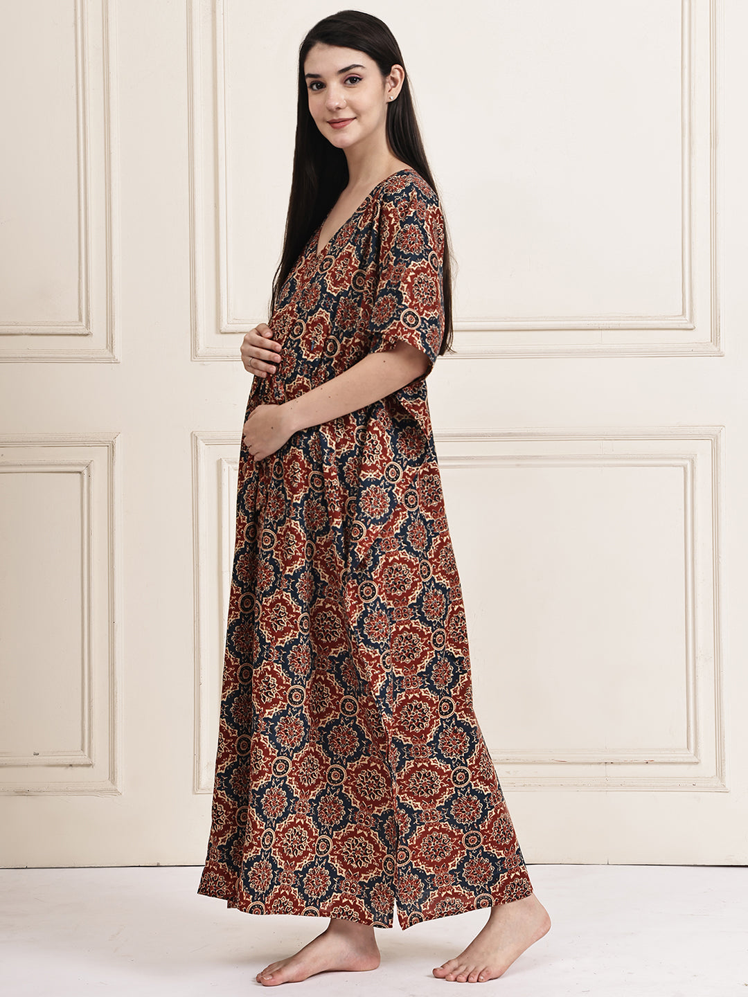 Brown Block Print Cotton Maternity Kaftan