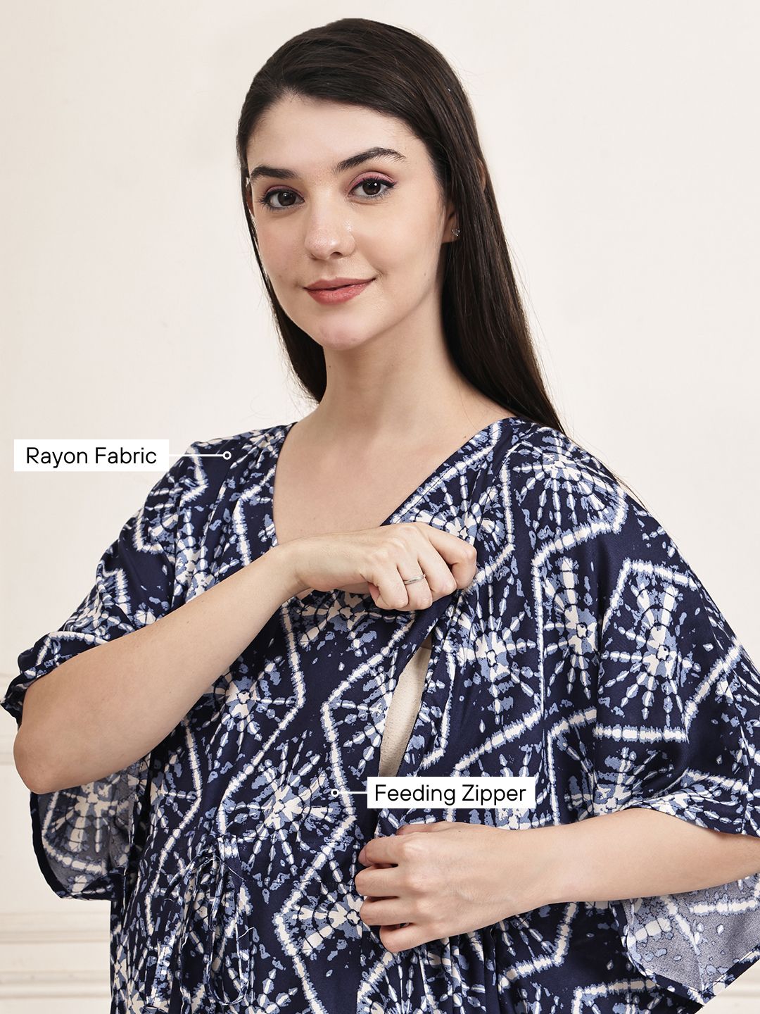Navy Blue Geometric Print Rayon Maternity Kaftan