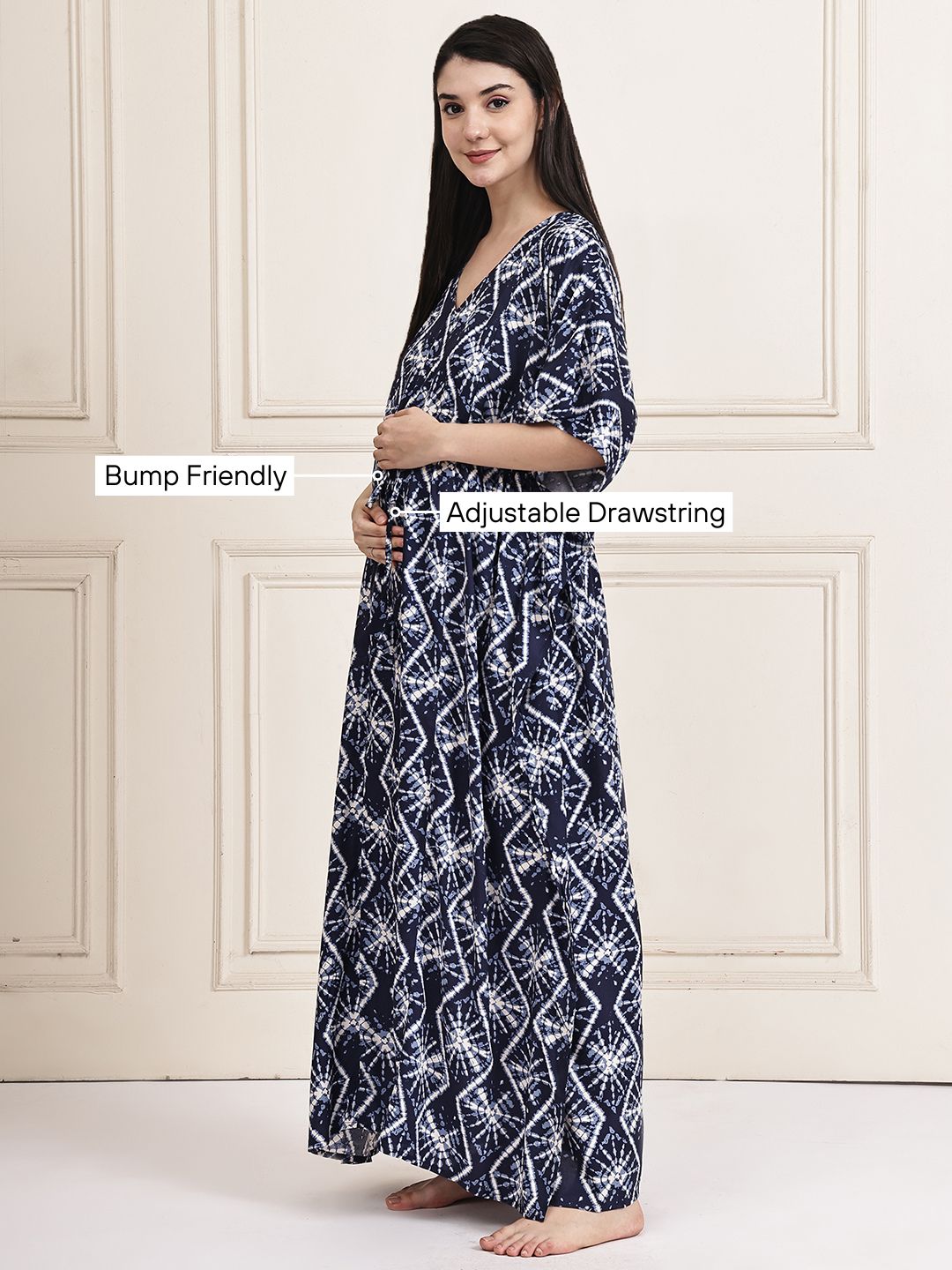 Navy Blue Geometric Print Rayon Maternity Kaftan