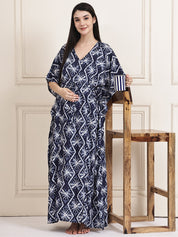 Navy Blue Geometric Print Rayon Maternity Kaftan