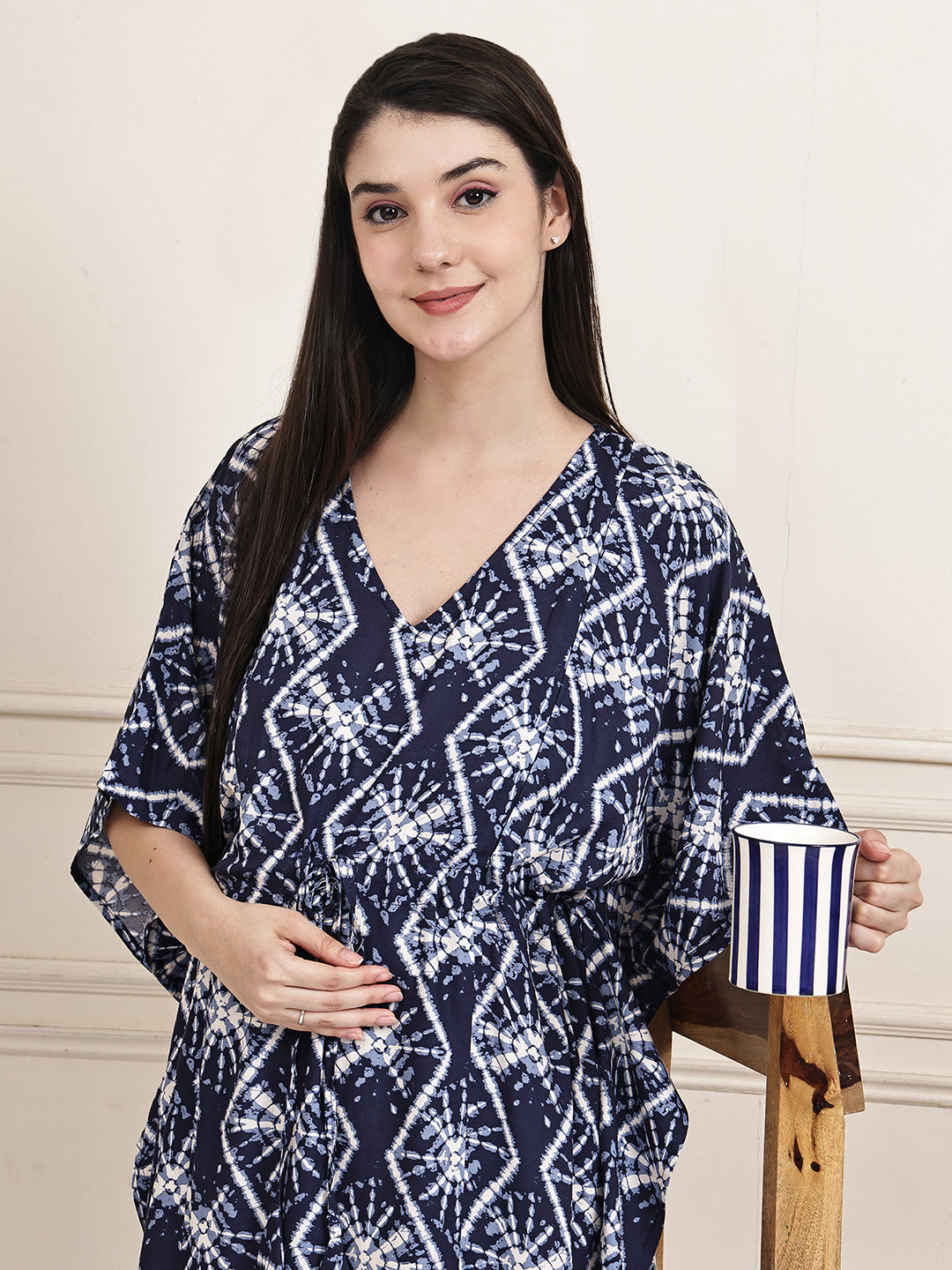 Navy Blue Geometric Print Rayon Maternity Kaftan