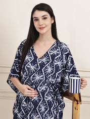 Navy Blue Geometric Print Rayon Maternity Kaftan