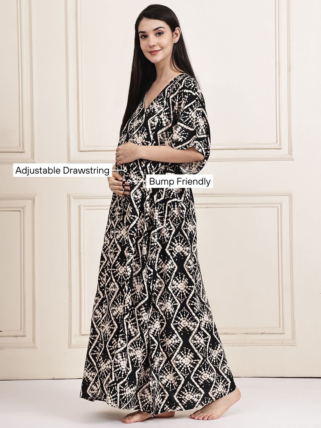 Black Geometric Print Rayon Maternity Kaftan