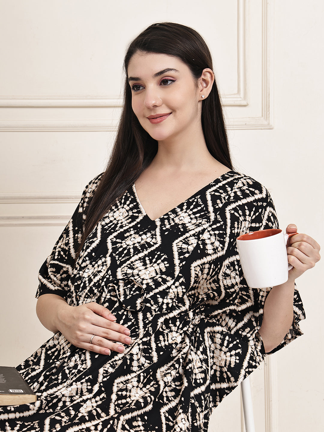 Black Geometric Print Rayon Maternity Kaftan