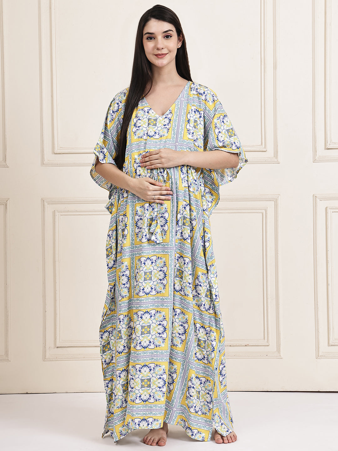 Yellow Floral Rayon Maternity Kaftan