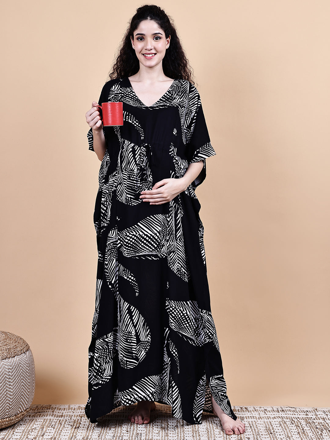 Black Abstract Rayon Maternity Kaftan