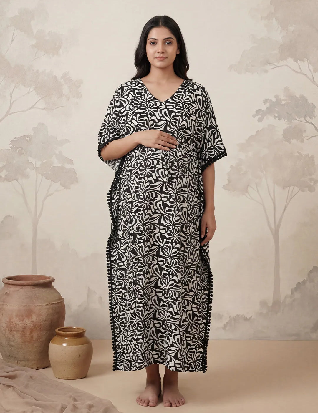 Black Abstract Rayon Maternity Kaftan