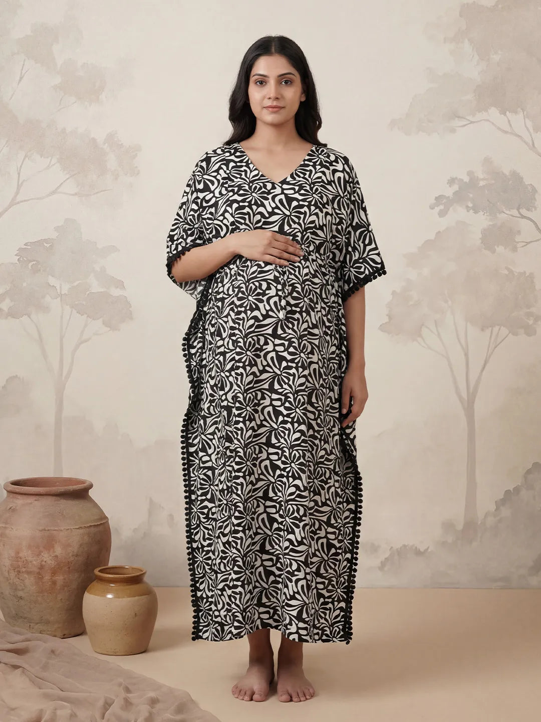 Black Abstract Rayon Maternity Kaftan