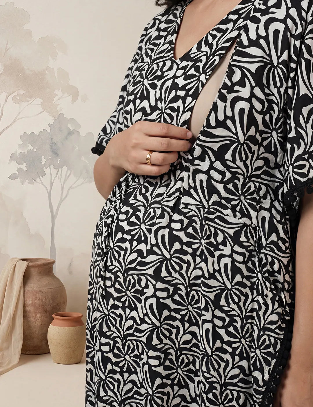 Black Abstract Rayon Maternity Kaftan