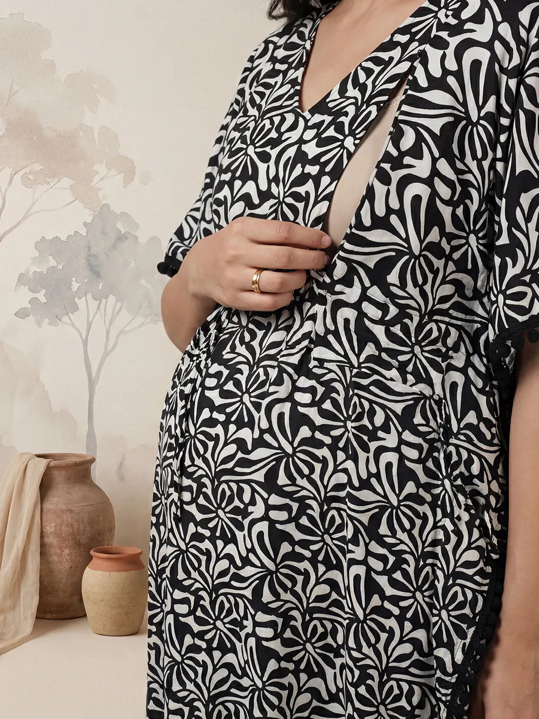 Black Abstract Rayon Maternity Kaftan