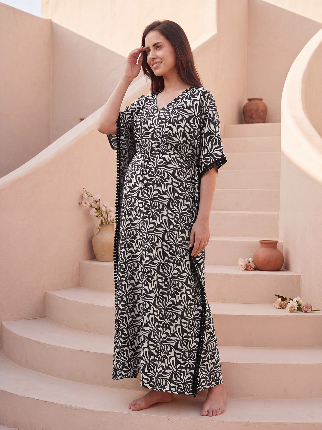 Black Abstract Rayon Maternity Kaftan
