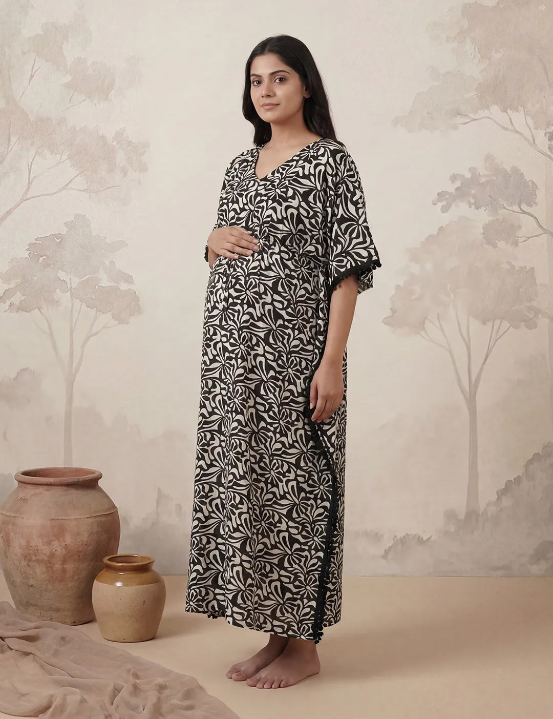 Black Abstract Rayon Maternity Kaftan