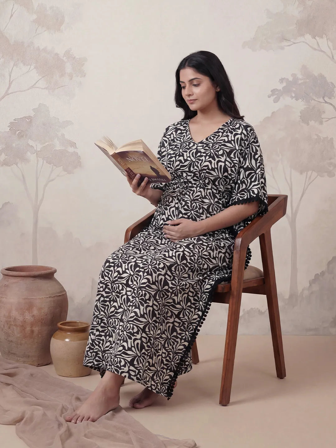 Black Abstract Rayon Maternity Kaftan