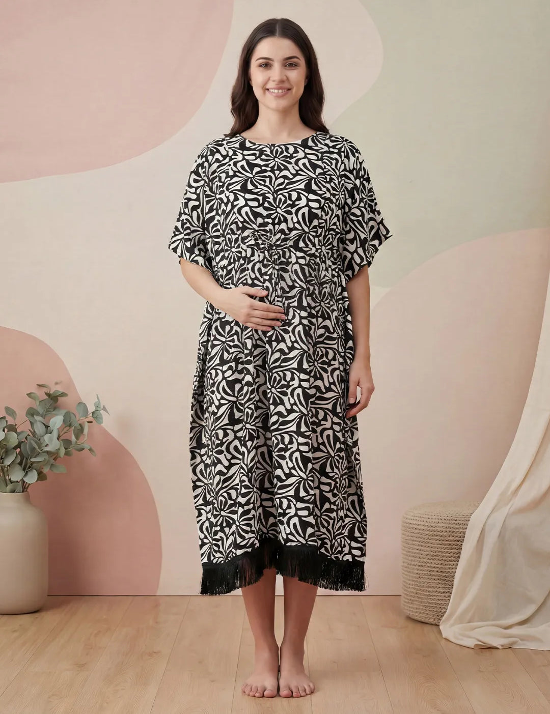 Black Abstract Rayon Maternity Kaftan