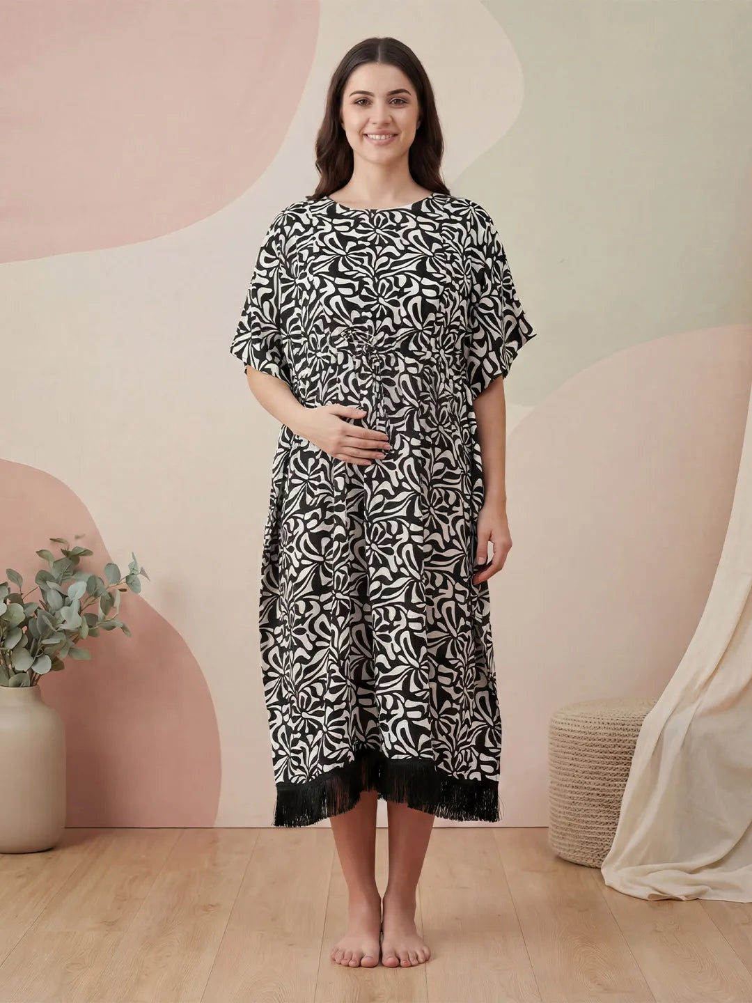 Black Abstract Rayon Maternity Kaftan