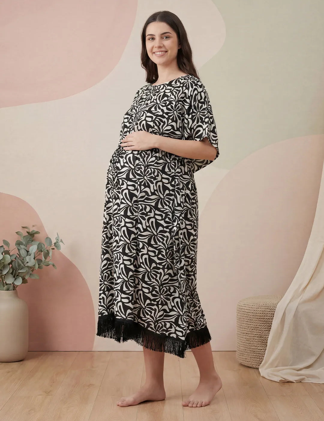 Black Abstract Rayon Maternity Kaftan