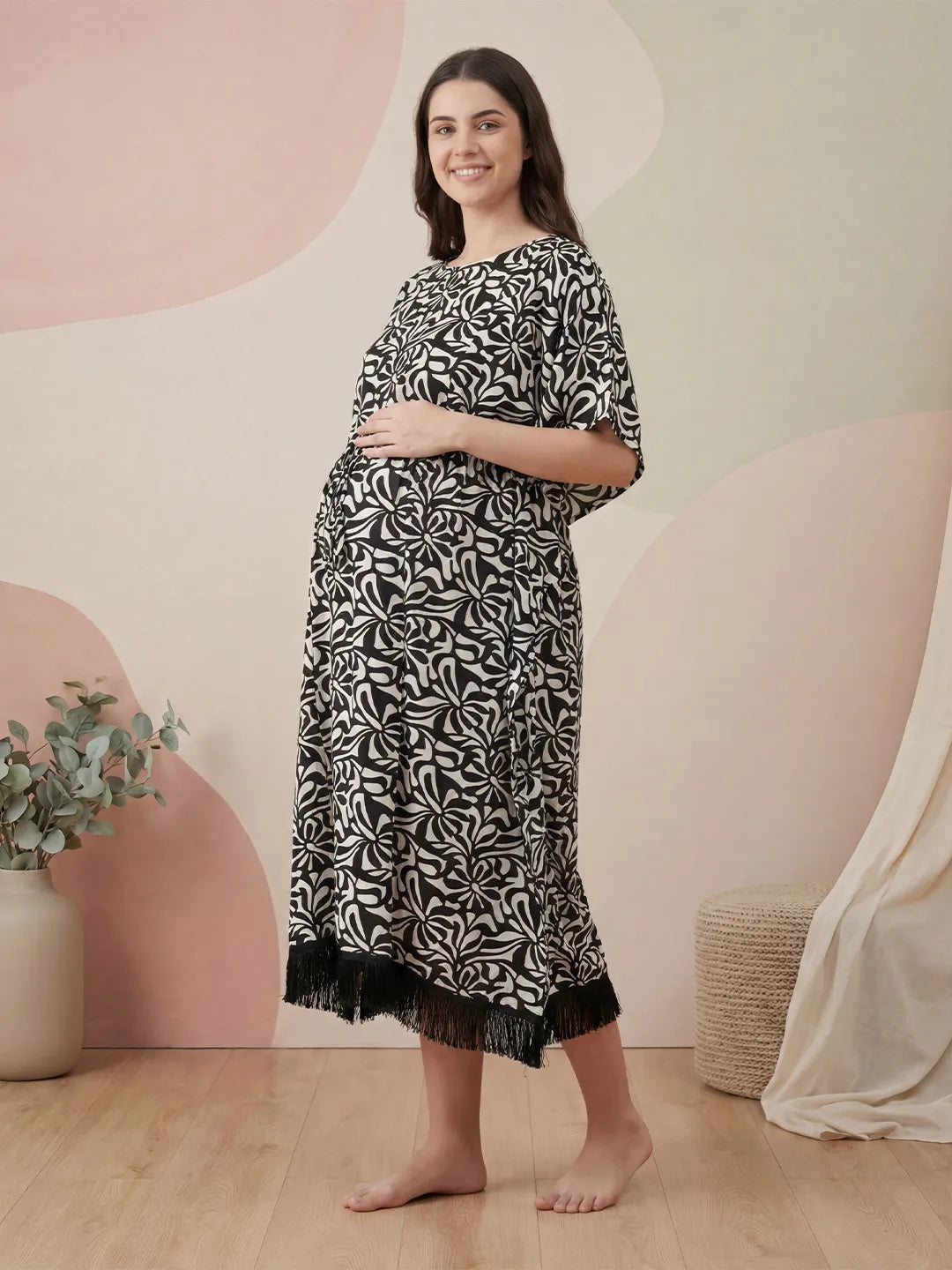 Black Abstract Rayon Maternity Kaftan