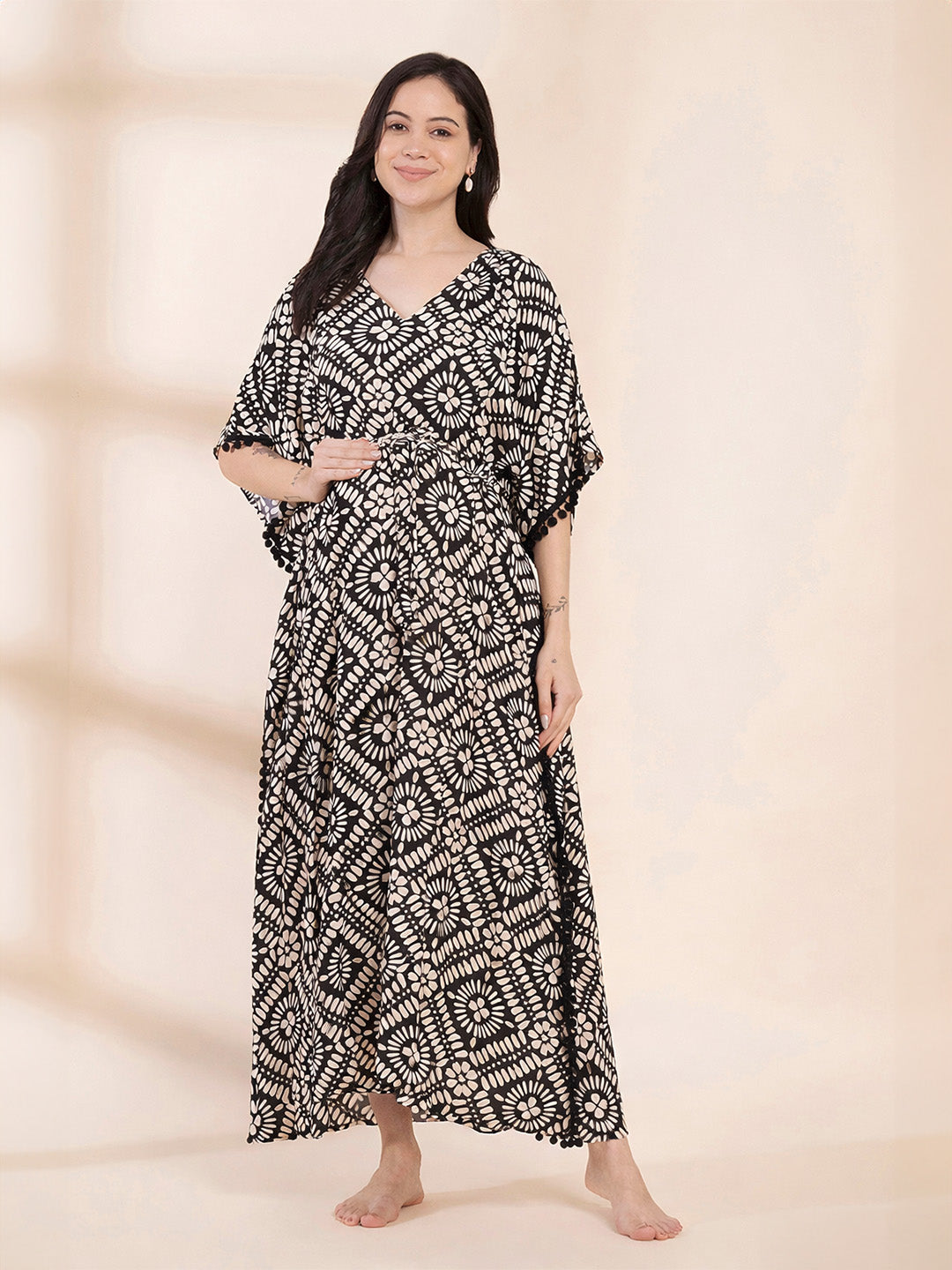 Black Printed Rayon Maternity Kaftan