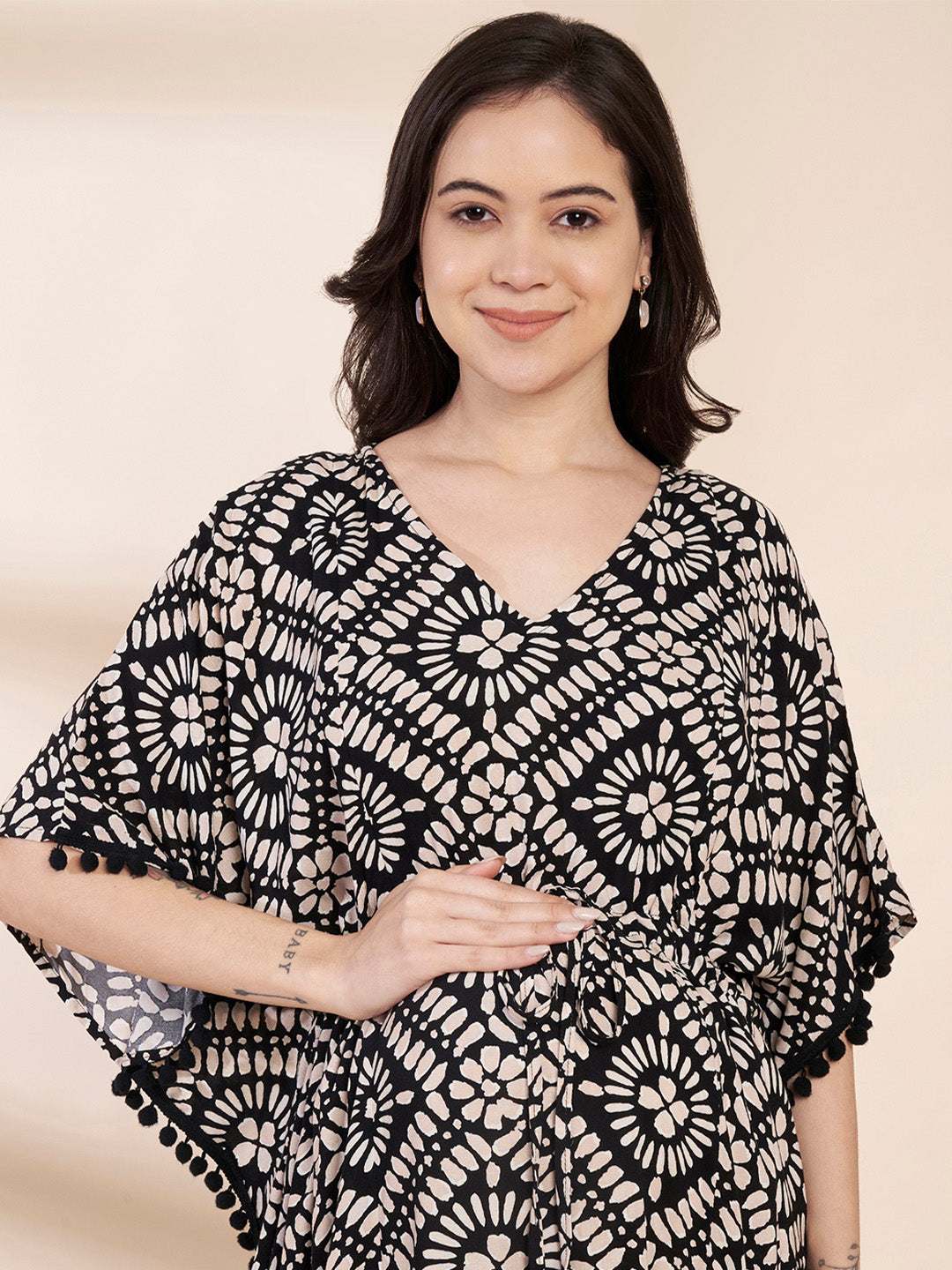 Black Printed Rayon Maternity Kaftan