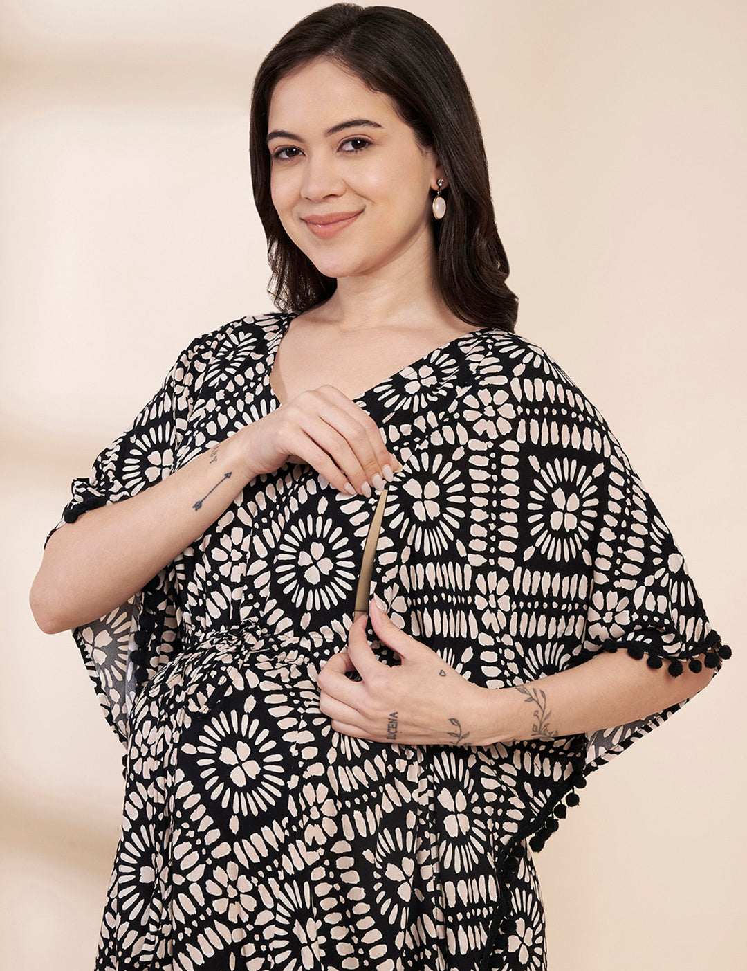 Black Printed Rayon Maternity Kaftan