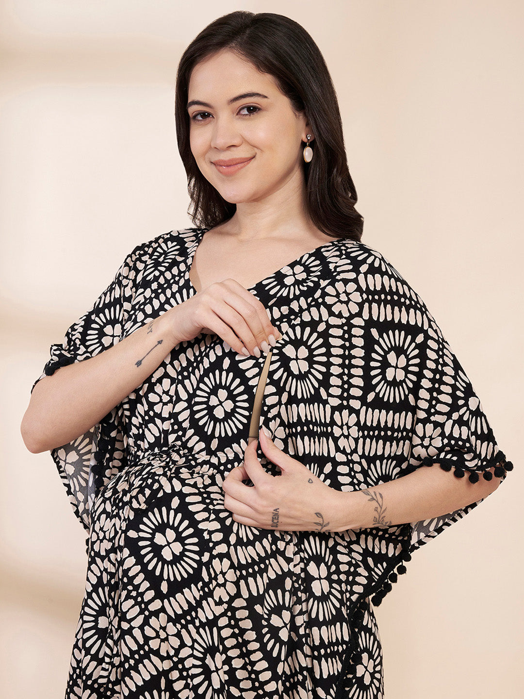 Black Printed Rayon Maternity Kaftan