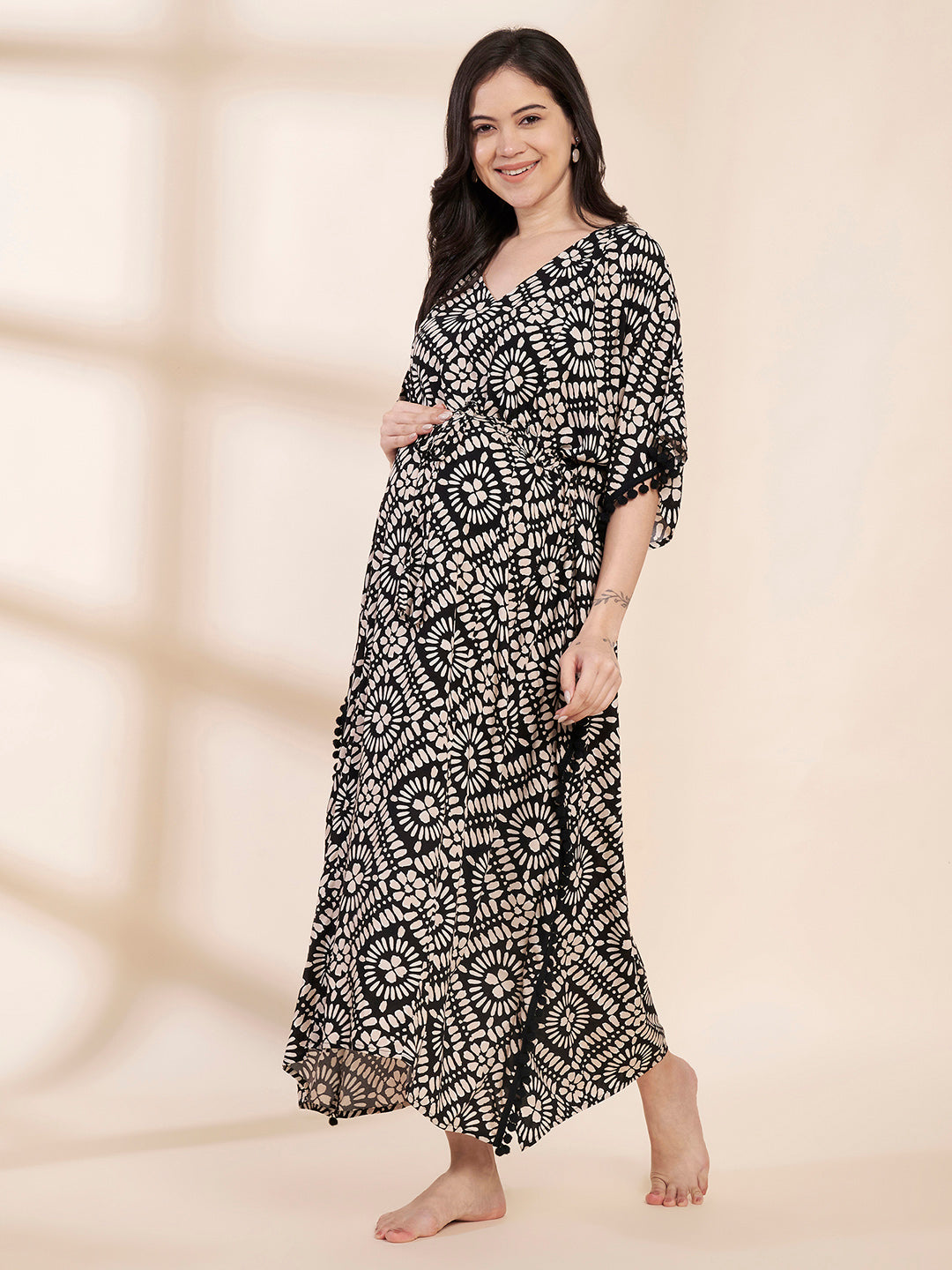 Black Printed Rayon Maternity Kaftan