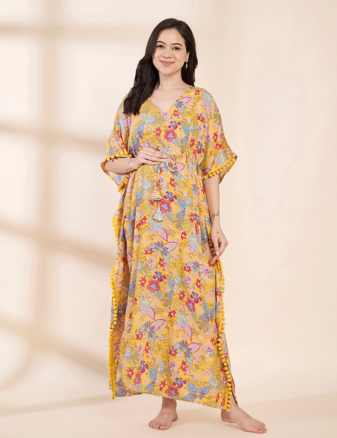 Yellow Floral Rayon Maternity Kaftan
