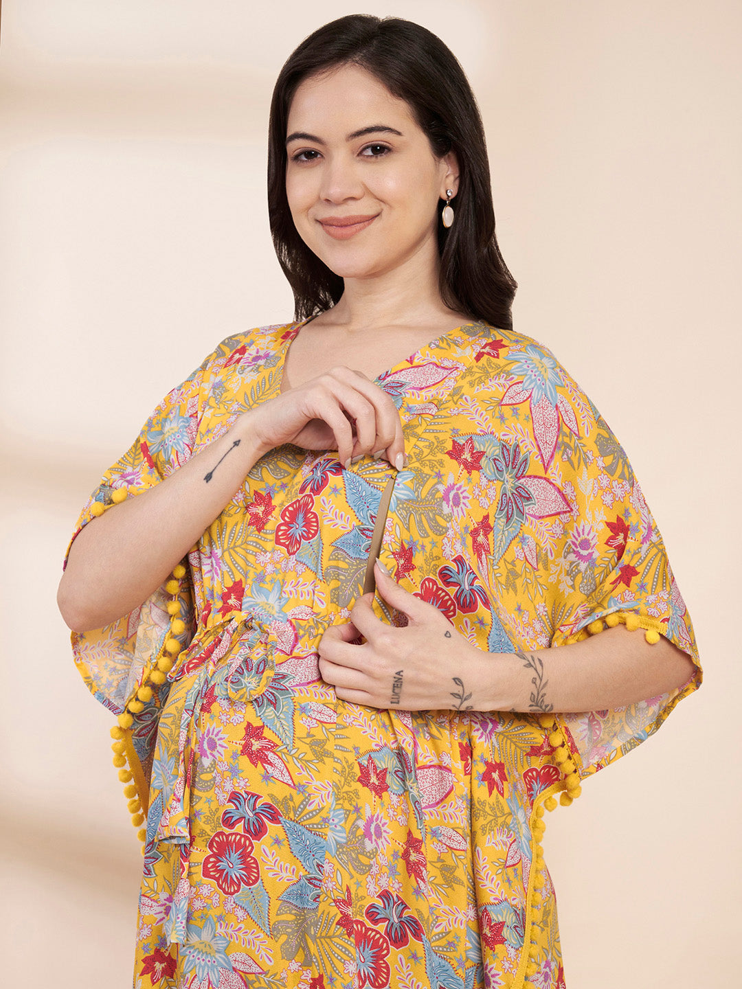 Yellow Floral Rayon Maternity Kaftan
