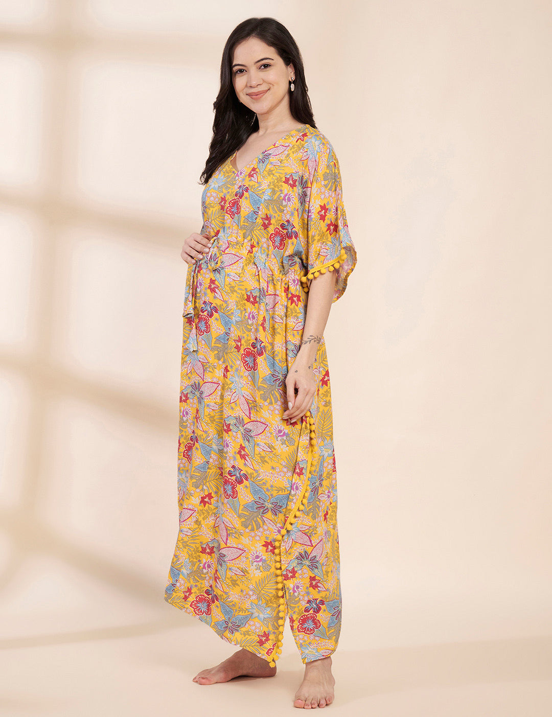 Yellow Floral Rayon Maternity Kaftan