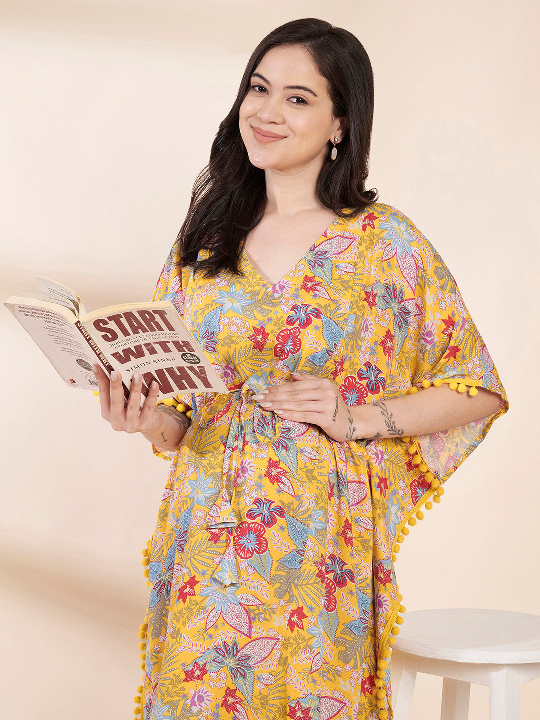 Yellow Floral Rayon Maternity Kaftan