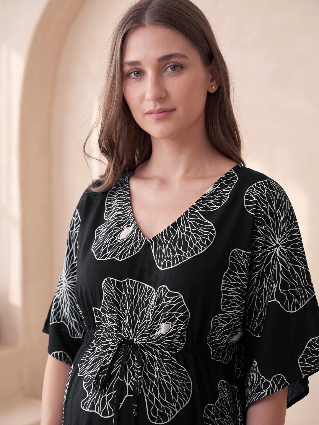 Black Floral Rayon Maternity Kaftan