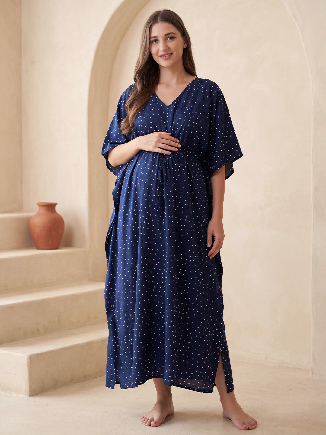 Navy Blue Polka Dots Rayon Maternity Kaftan