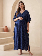 Navy Blue Polka Dots Rayon Maternity Kaftan