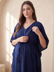 Navy Blue Polka Dots Rayon Maternity Kaftan