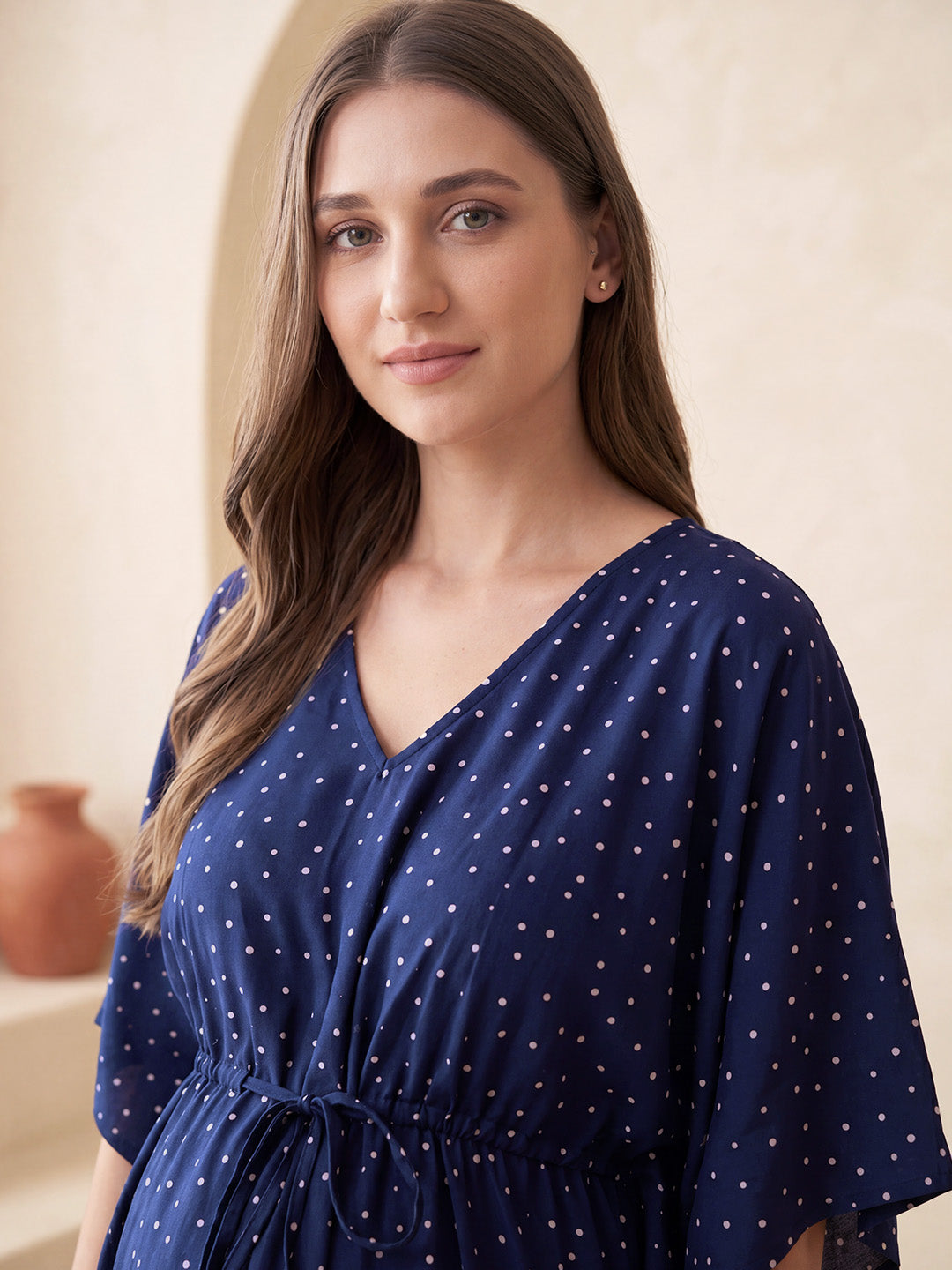 Navy Blue Polka Dots Rayon Maternity Kaftan