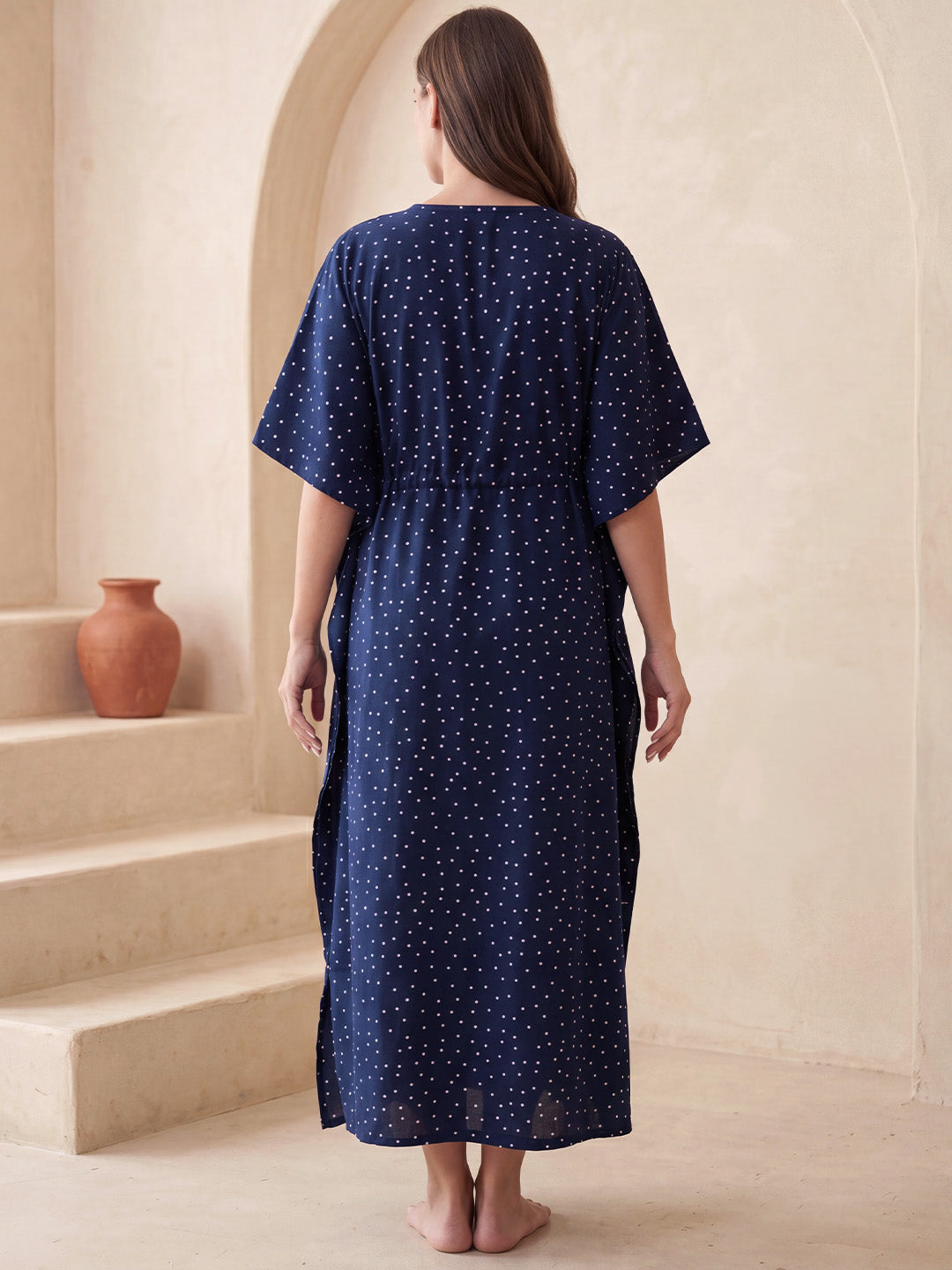 Navy Blue Polka Dots Rayon Maternity Kaftan