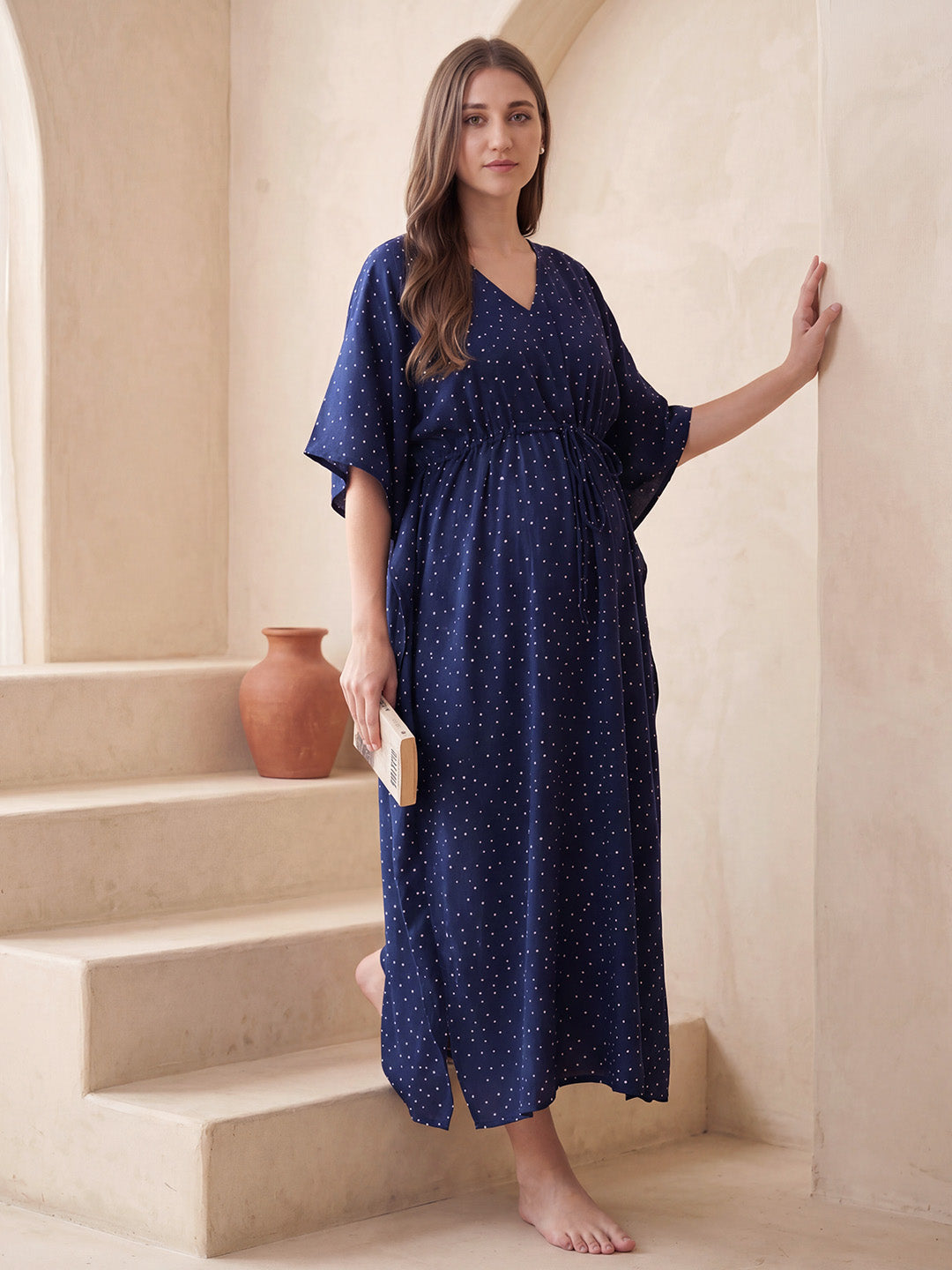 Navy Blue Polka Dots Rayon Maternity Kaftan