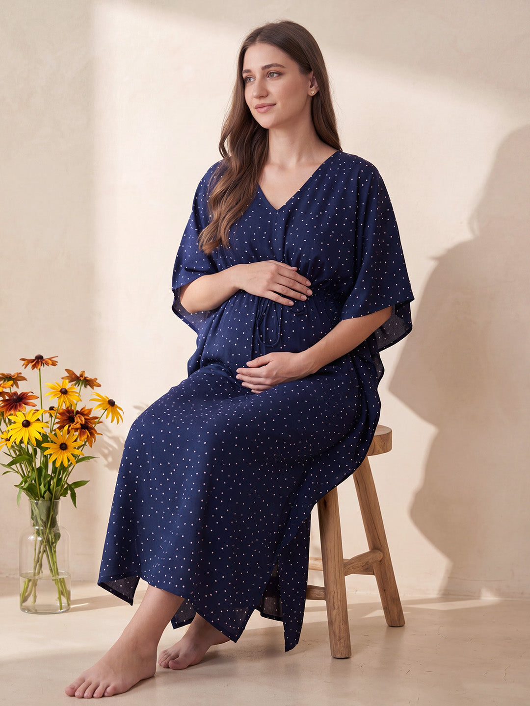 Navy Blue Polka Dots Rayon Maternity Kaftan