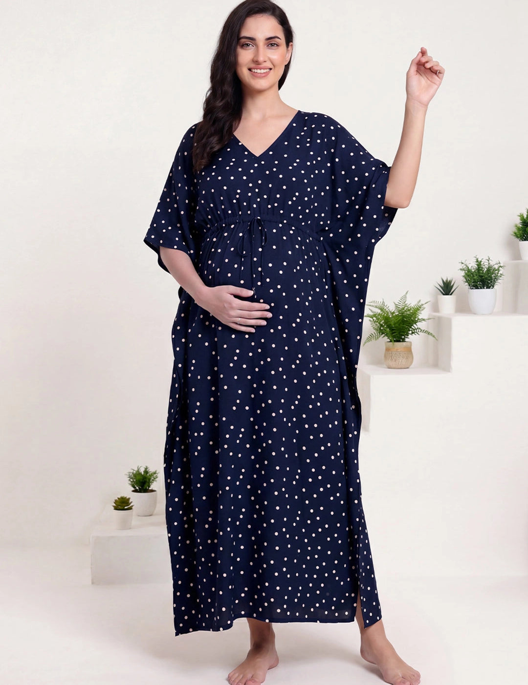 Navy Blue Polka Dots Rayon Maternity Kaftan