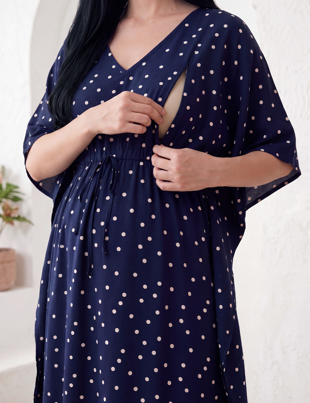 Navy Blue Polka Dots Rayon Maternity Kaftan