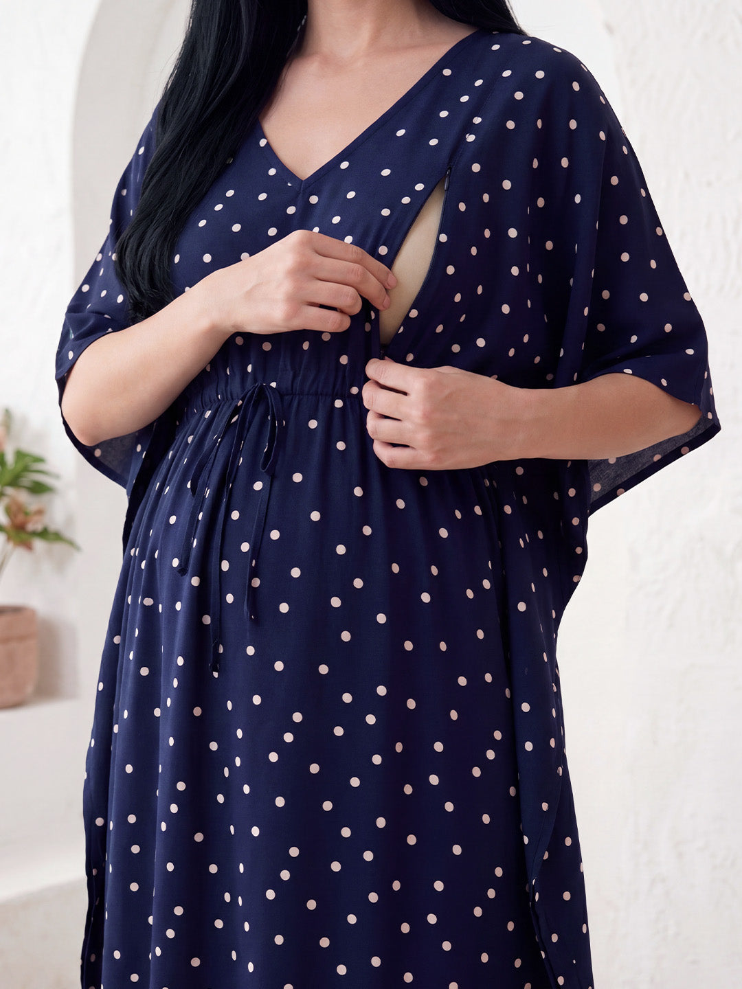 Navy Blue Polka Dots Rayon Maternity Kaftan