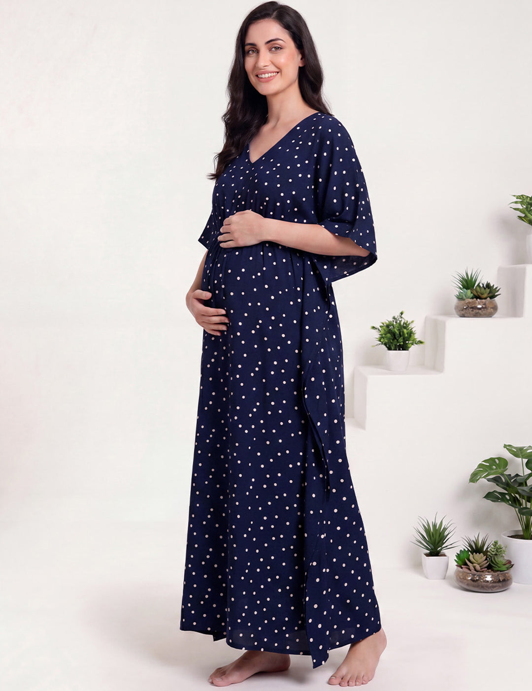 Navy Blue Polka Dots Rayon Maternity Kaftan